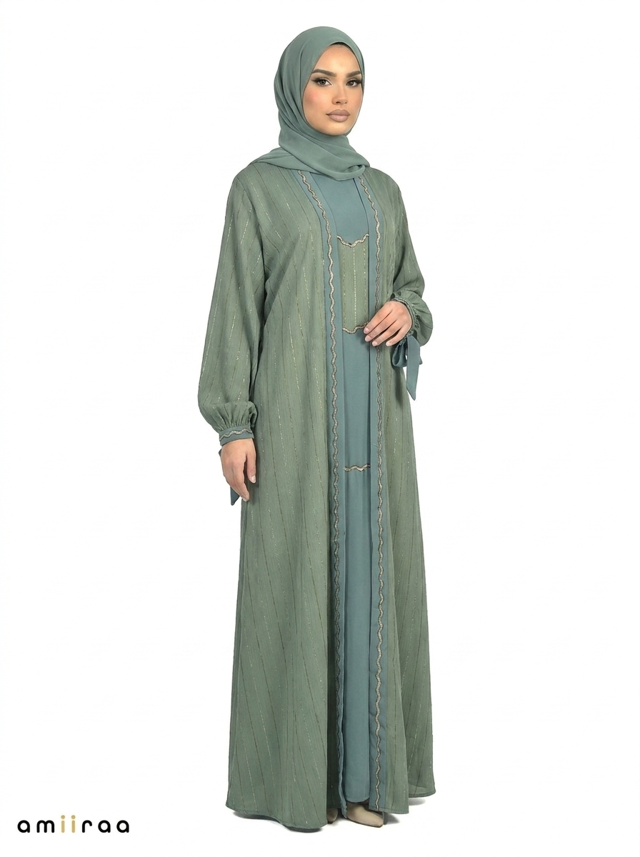 Pine Grove Pinstripe Belted Open Front Maxi Abaya