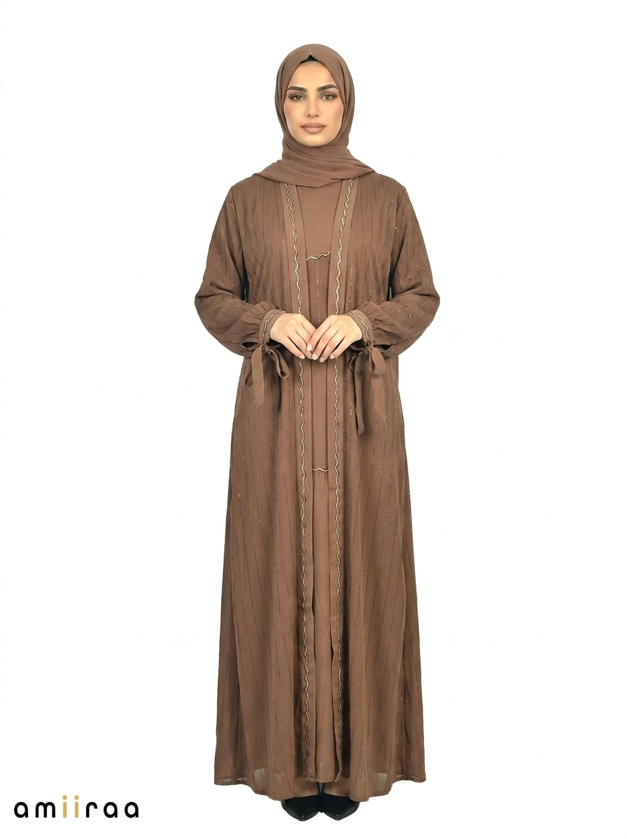 Morel Pinstripe Belted Open Front Maxi Abaya