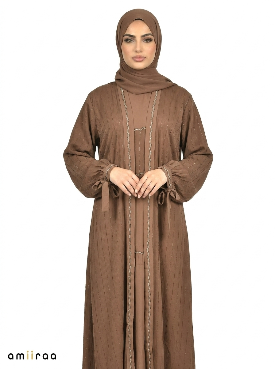 Morel Pinstripe Belted Open Front Maxi Abaya