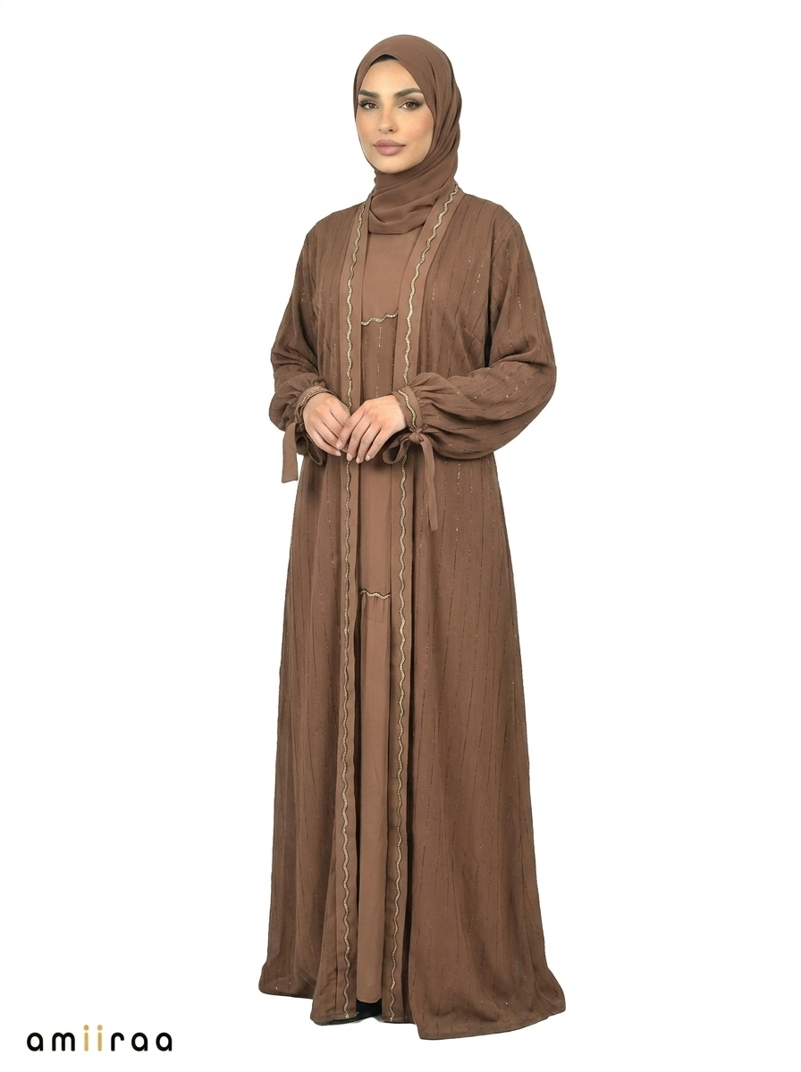 Morel Pinstripe Belted Open Front Maxi Abaya