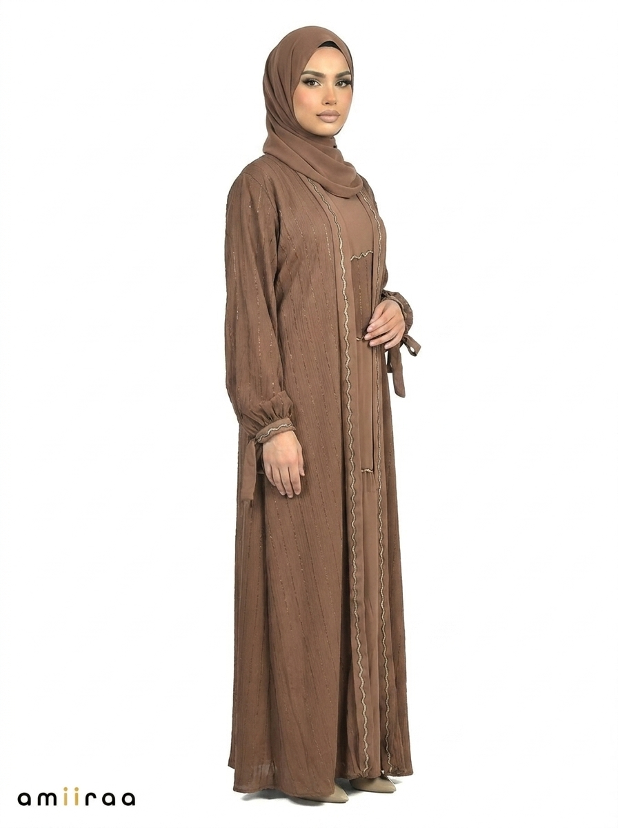 Morel Pinstripe Belted Open Front Maxi Abaya