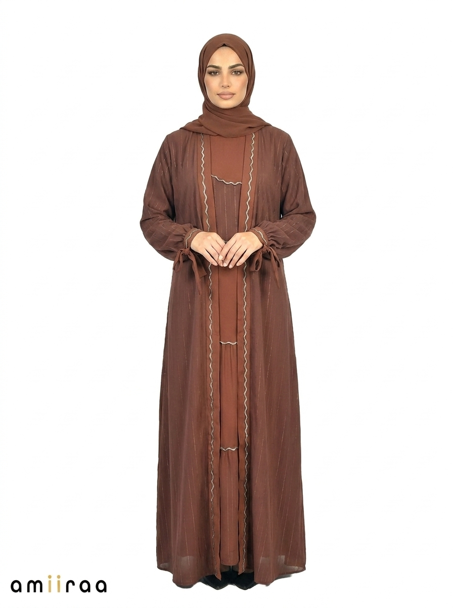 Cambridge Brown Pinstripe Belted Open Front Maxi Abaya