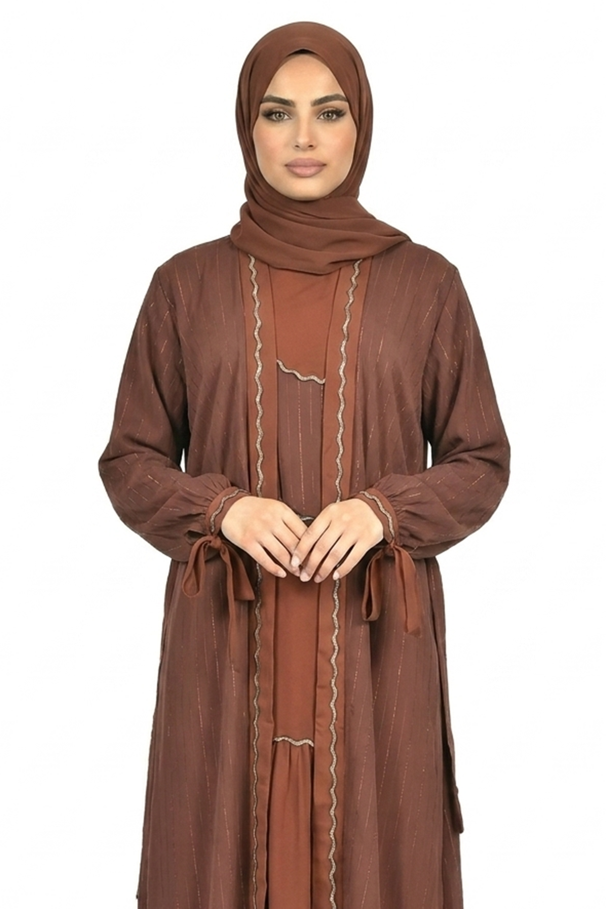 Cambridge Brown Pinstripe Belted Open Front Maxi Abaya