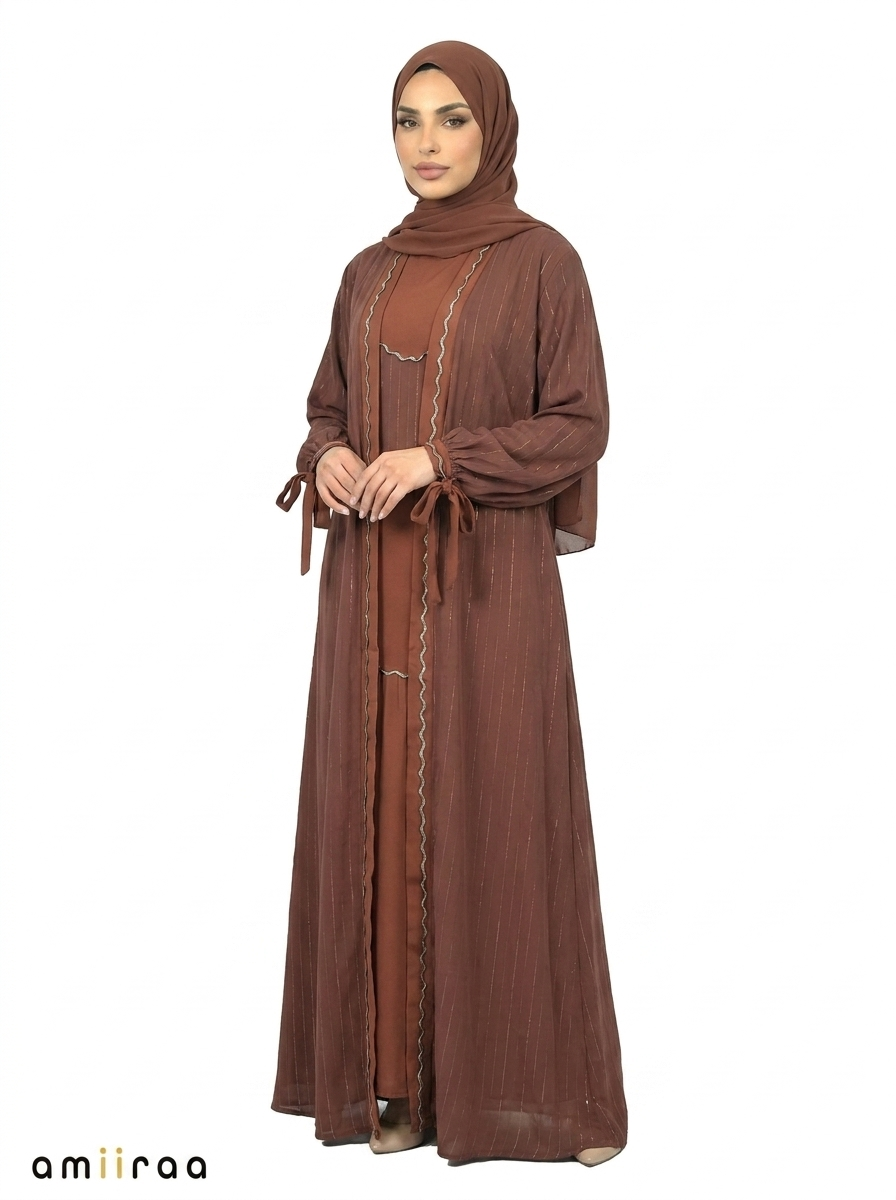 Cambridge Brown Pinstripe Belted Open Front Maxi Abaya