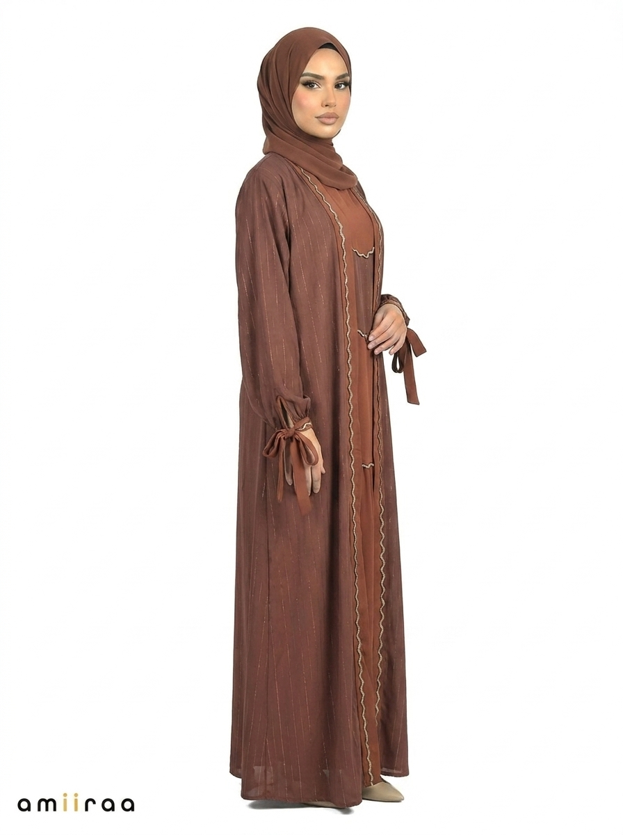 Cambridge Brown Pinstripe Belted Open Front Maxi Abaya
