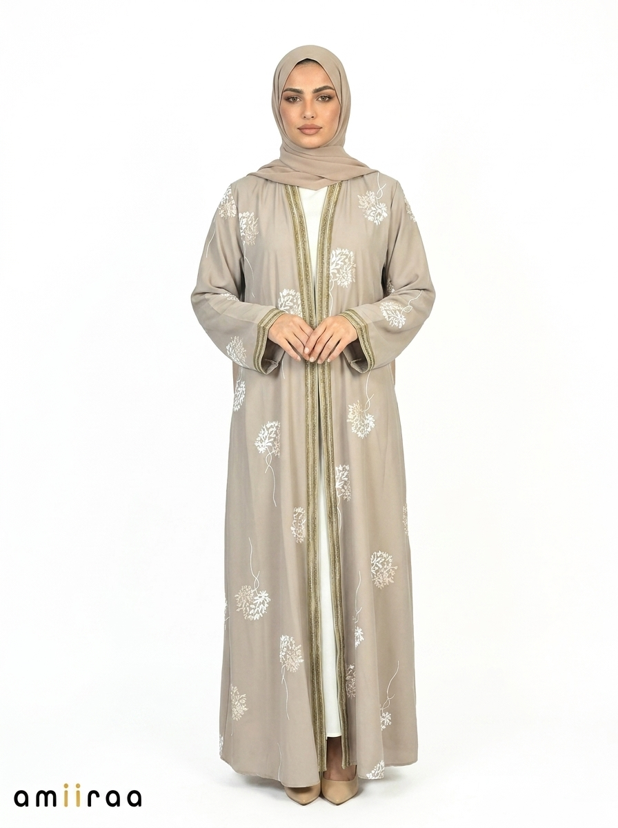 Wrougth Iron Floral Detail Open Front Maxi Abaya