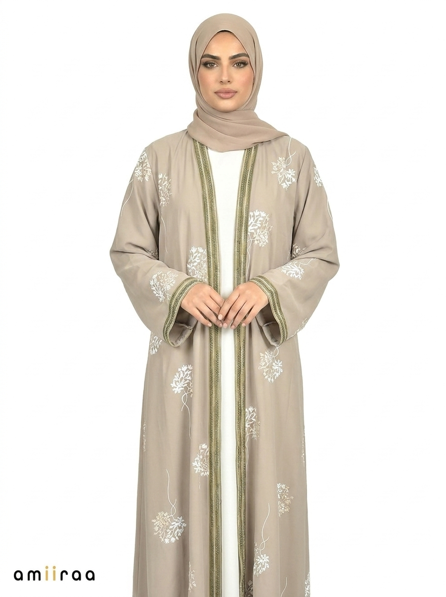 Wrougth Iron Floral Detail Open Front Maxi Abaya