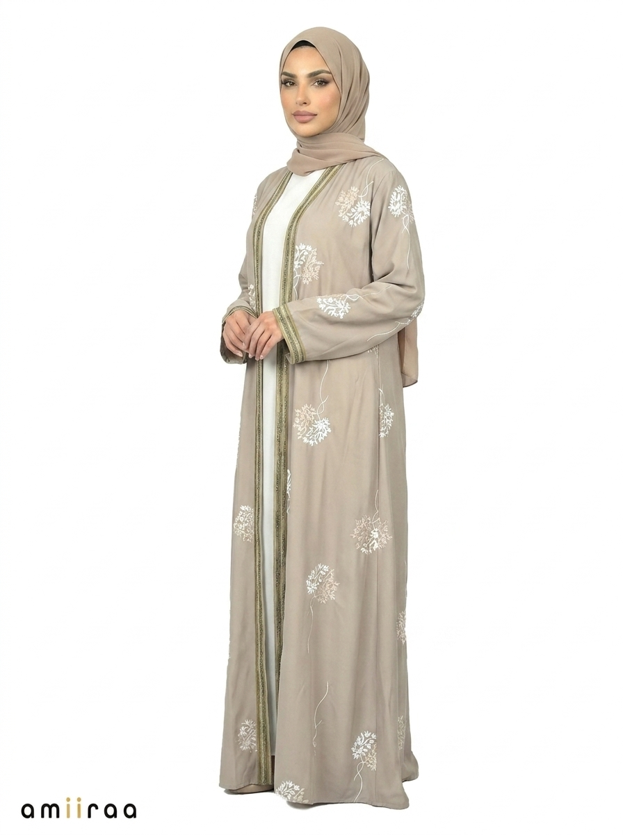 Wrougth Iron Floral Detail Open Front Maxi Abaya