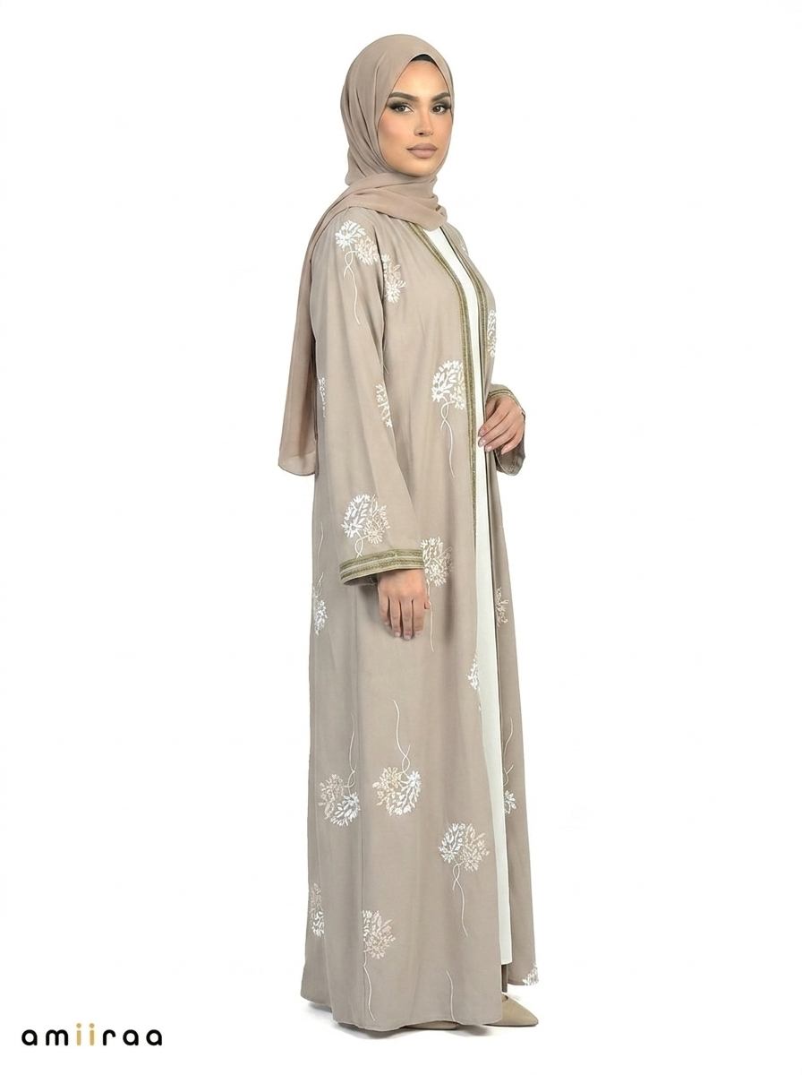 Wrougth Iron Floral Detail Open Front Maxi Abaya