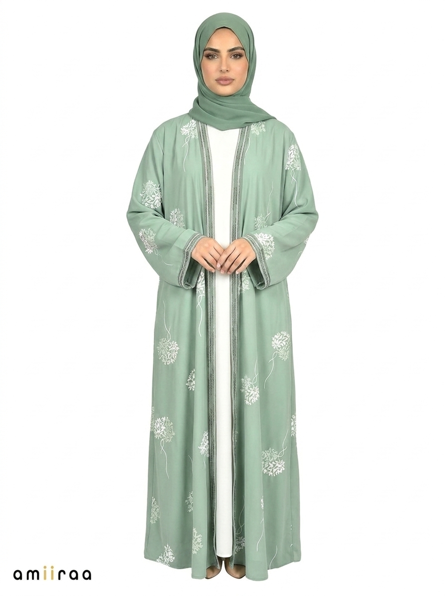 Malachite Green Floral Detail Open Front Maxi Abaya