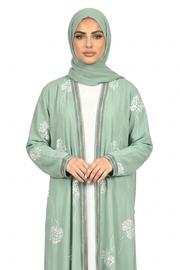 Malachite Green Floral Detail Open Front Maxi Abaya