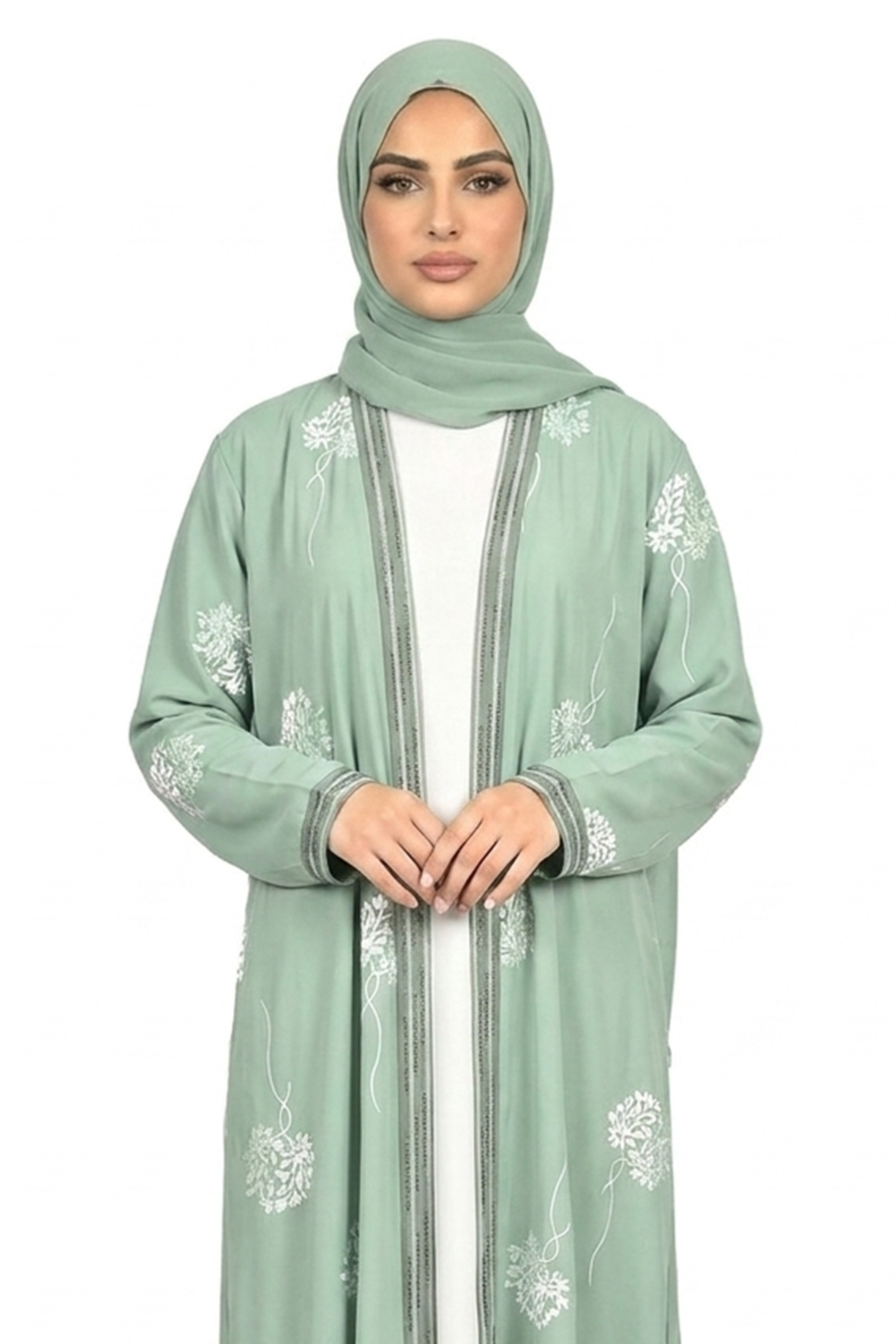 Malachite Green Floral Detail Open Front Maxi Abaya