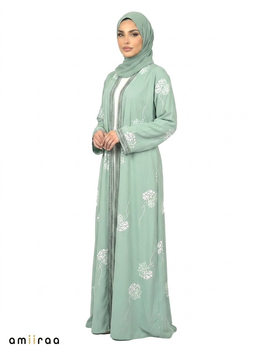 Malachite Green Floral Detail Open Front Maxi Abaya