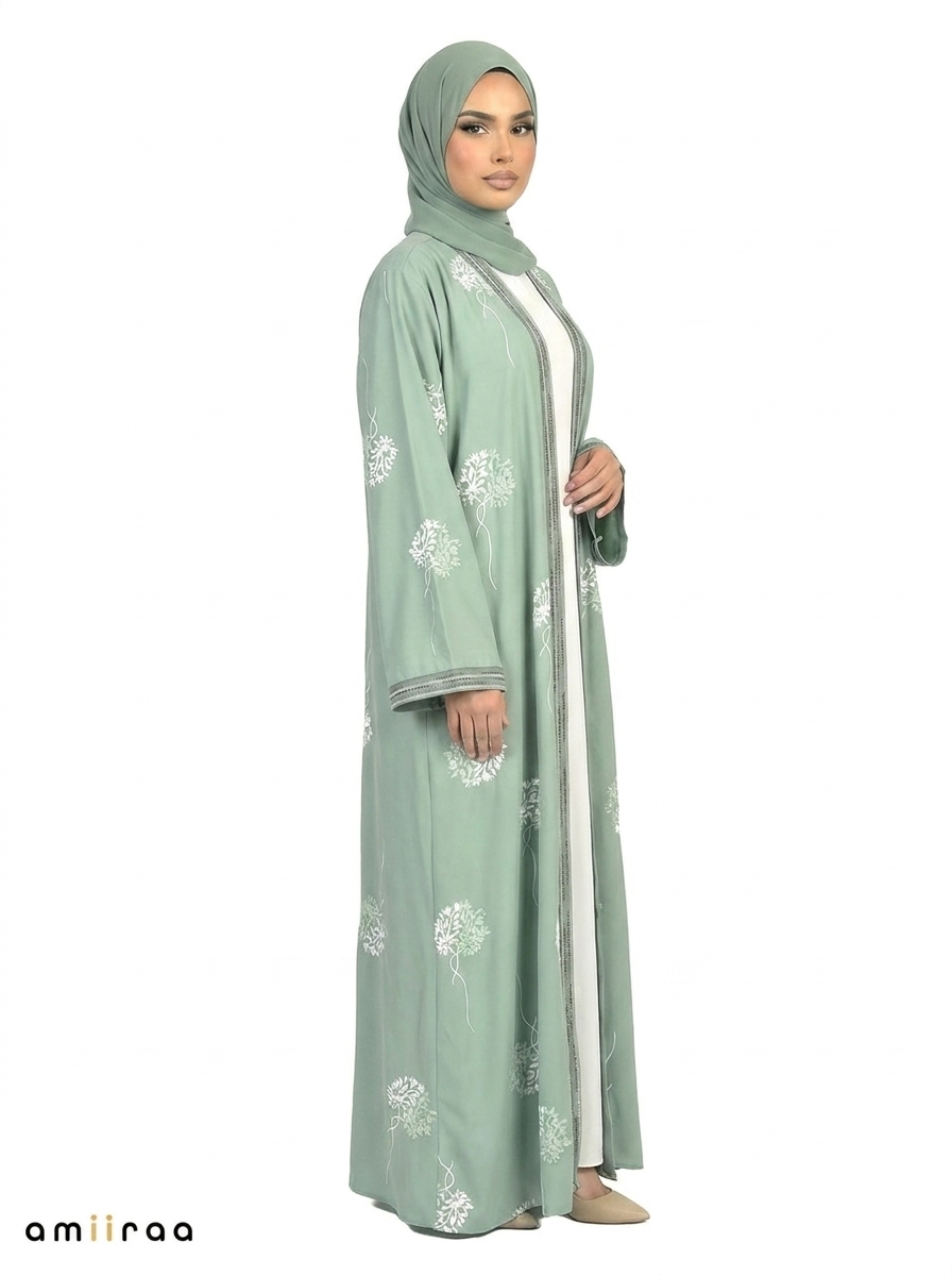 Malachite Green Floral Detail Open Front Maxi Abaya