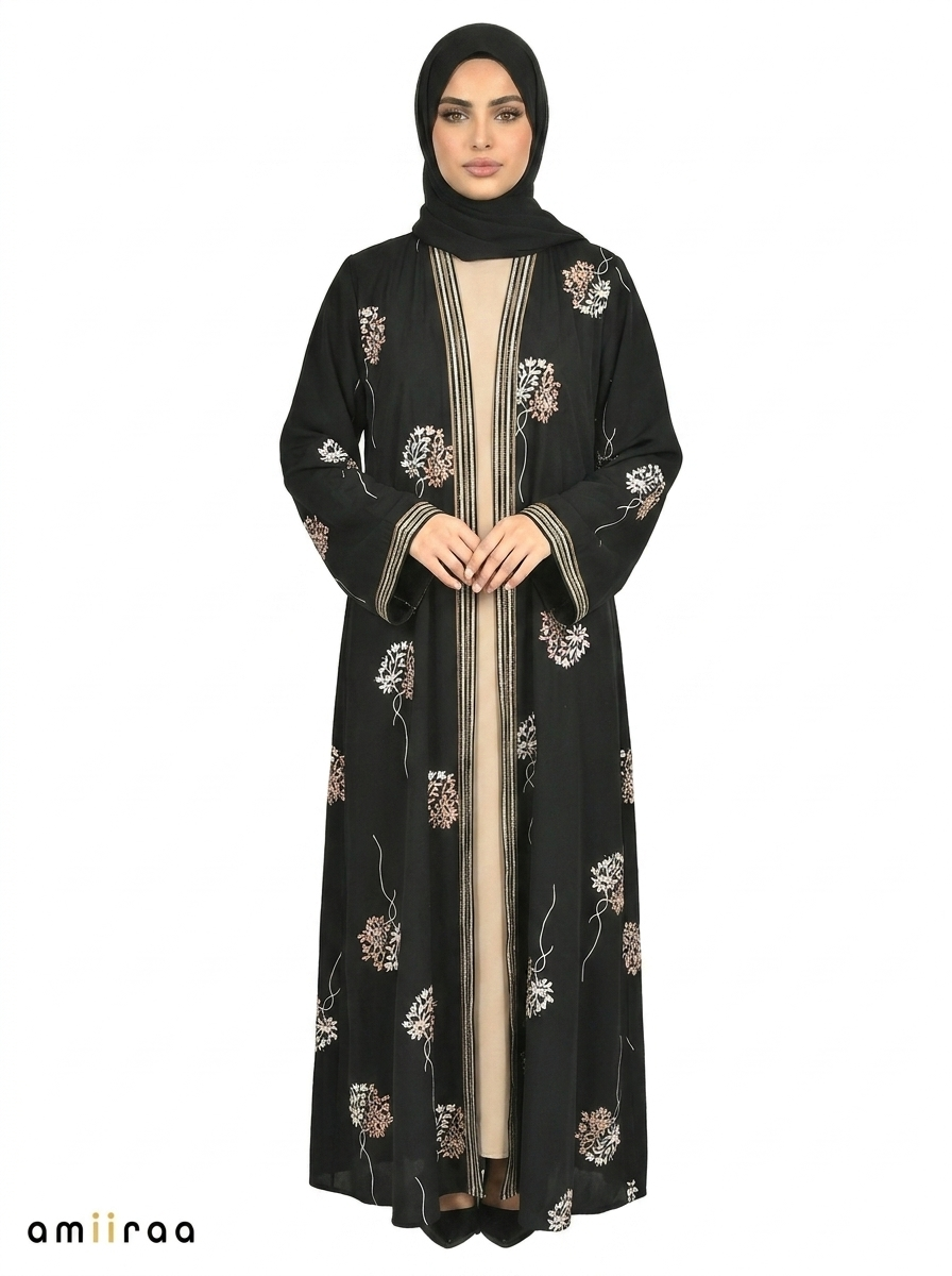 Tap Shoe Floral Detail Open Front Maxi Abaya