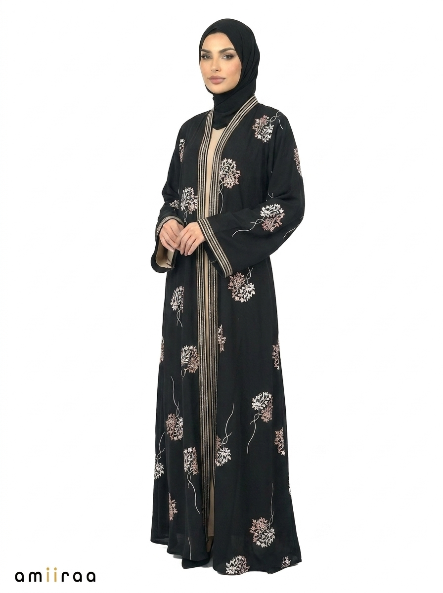 Tap Shoe Floral Detail Open Front Maxi Abaya