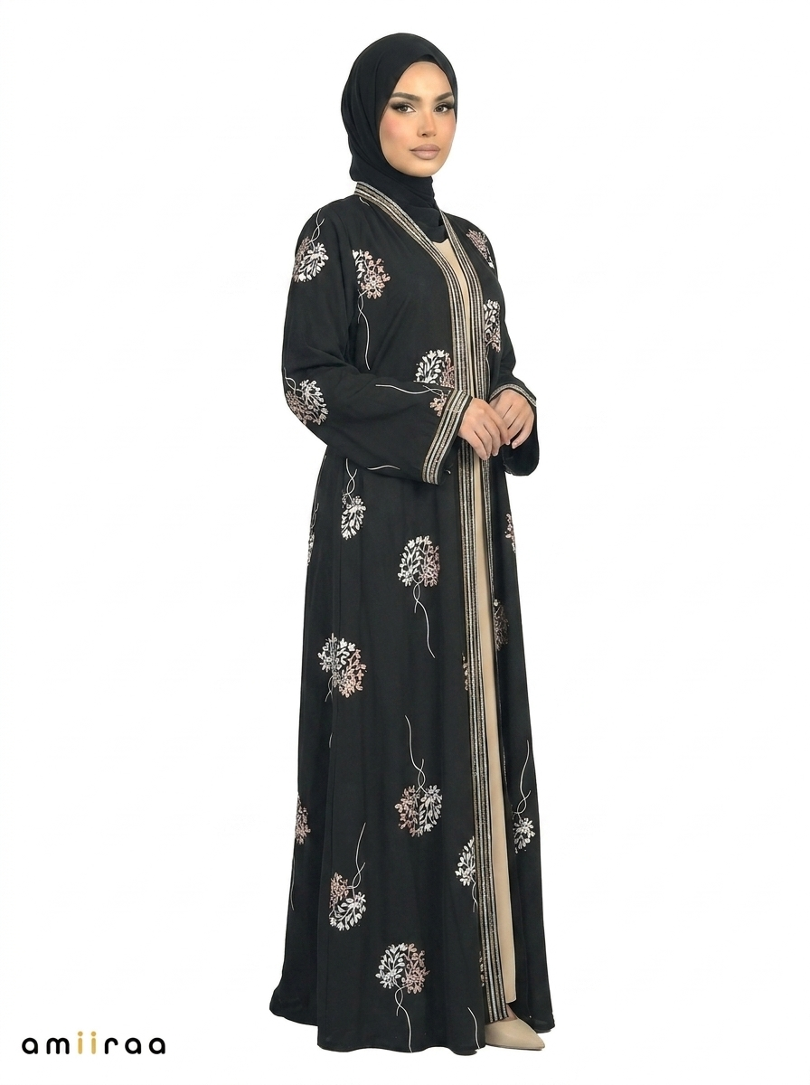 Tap Shoe Floral Detail Open Front Maxi Abaya