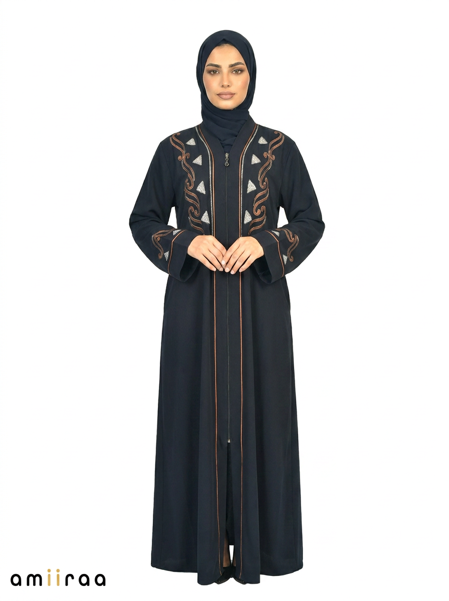 Sky Captain Embroidered Front Zip Long Sleeve Maxi Abaya