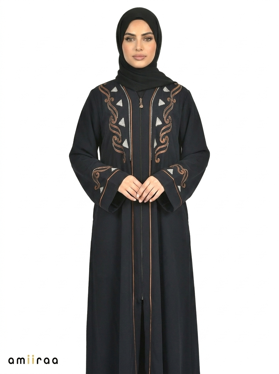 Sky Captain Embroidered Front Zip Long Sleeve Maxi Abaya