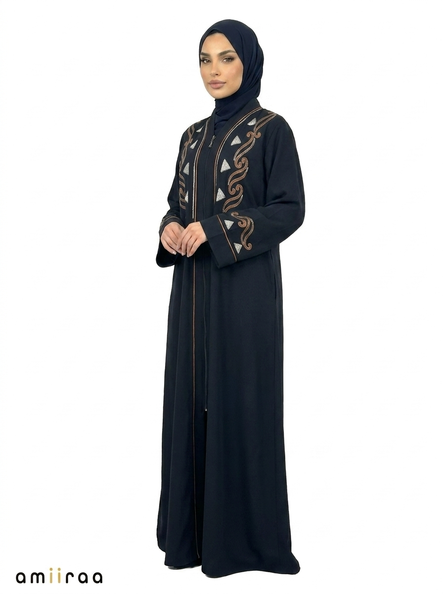Sky Captain Embroidered Front Zip Long Sleeve Maxi Abaya