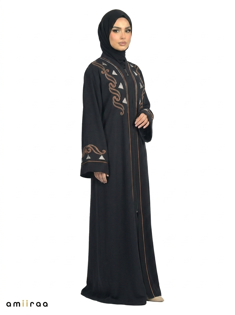 Sky Captain Embroidered Front Zip Long Sleeve Maxi Abaya