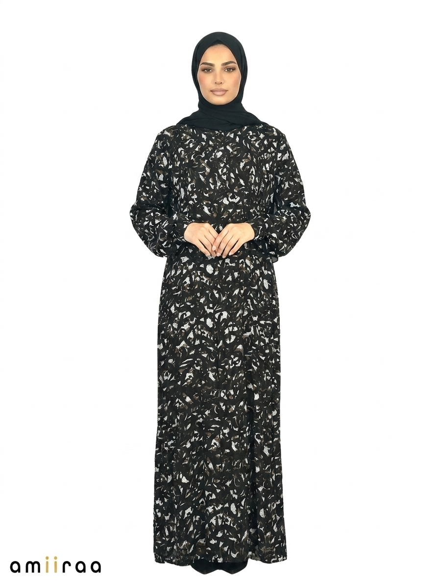 Slate Black Abstract Floral Print Long Sleeve Tiered Maxi Dress