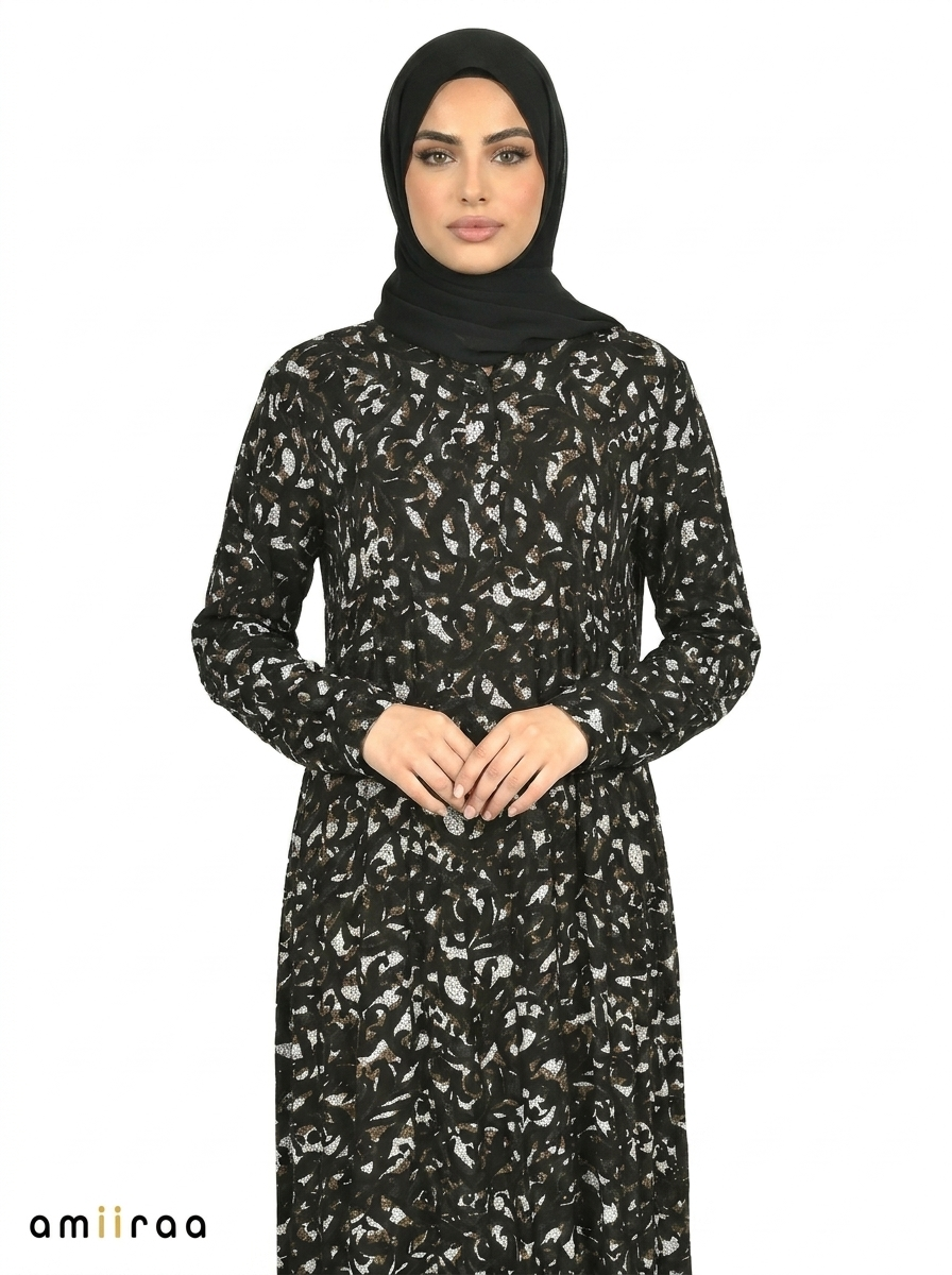 Slate Black Abstract Floral Print Long Sleeve Tiered Maxi Dress