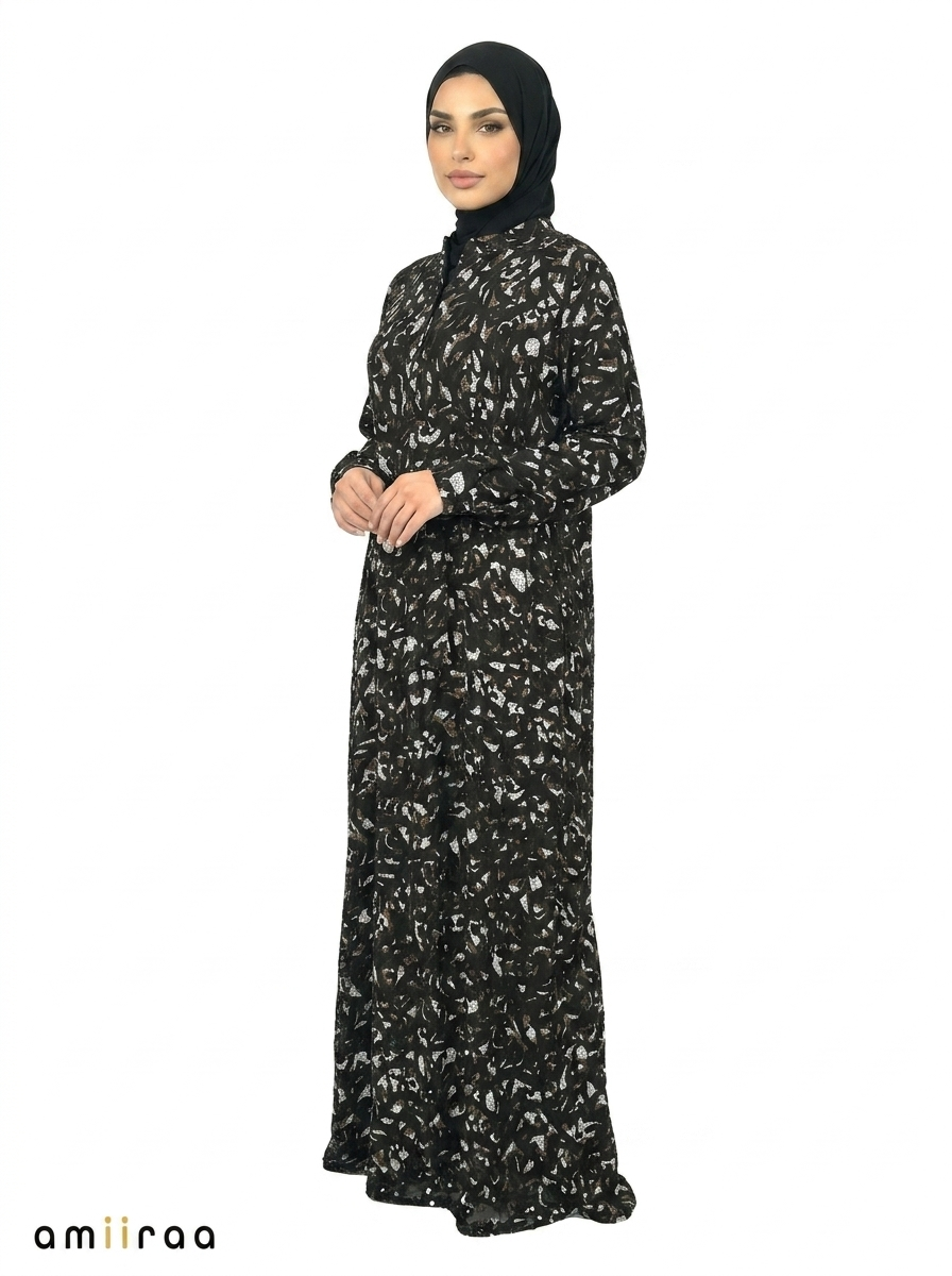 Slate Black Abstract Floral Print Long Sleeve Tiered Maxi Dress