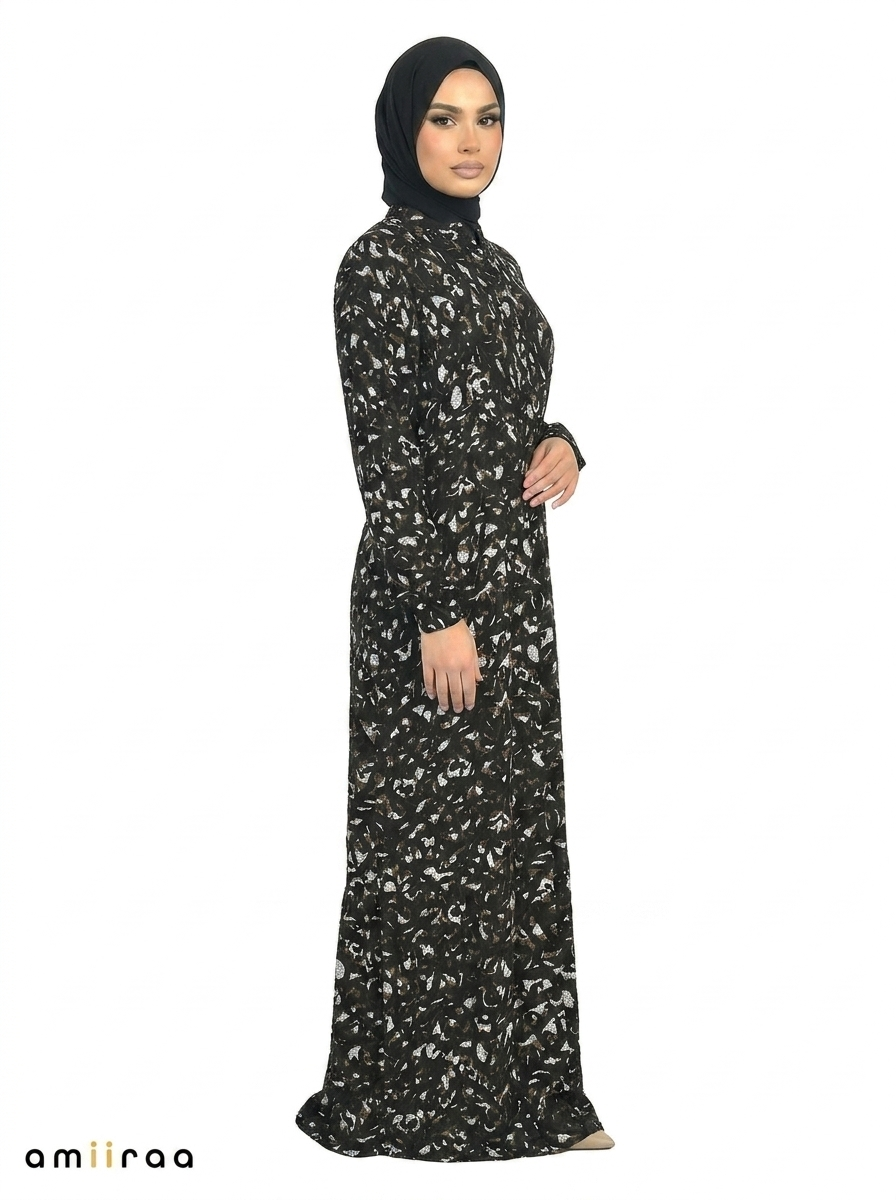 Slate Black Abstract Floral Print Long Sleeve Tiered Maxi Dress
