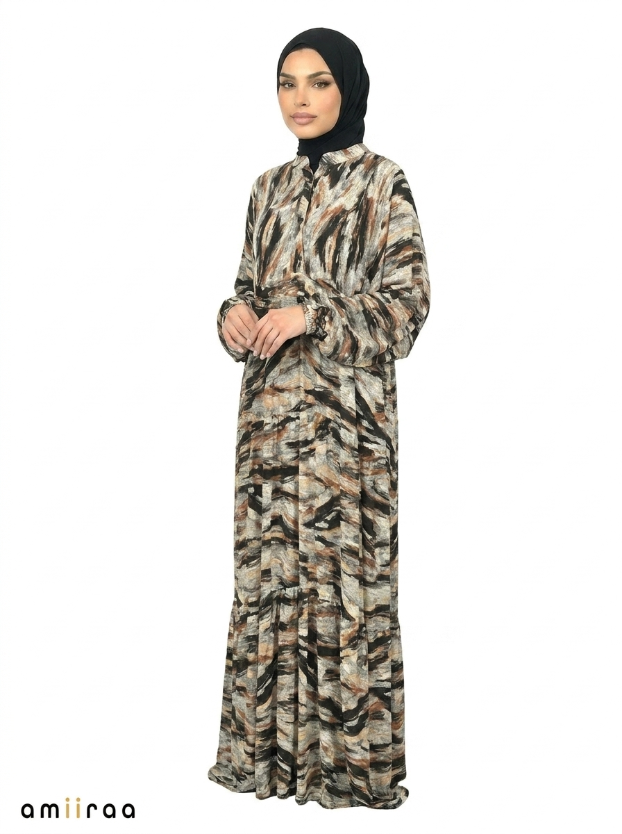 Partridge Abstract Print Long Sleeve Maxi Dress