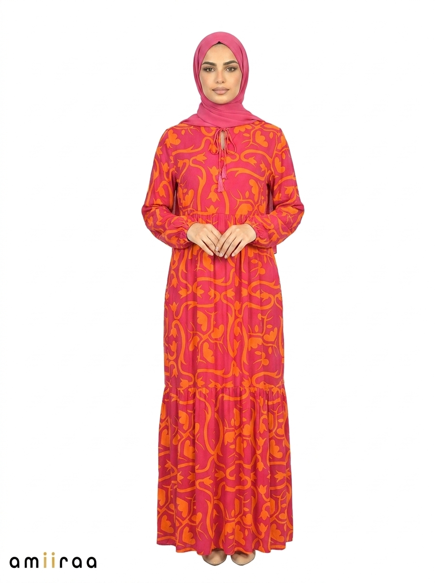 Cherries Jubilee Printed Tiered Modest Maxi Dress