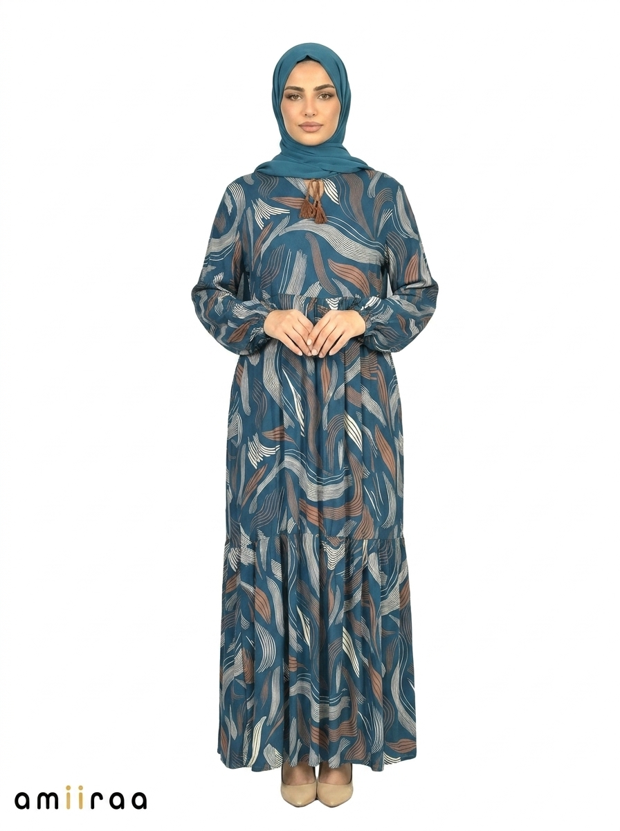 Moroccan Blue Abstract Wave Print Maxi Dress