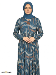 Moroccan Blue Abstract Wave Print Maxi Dress