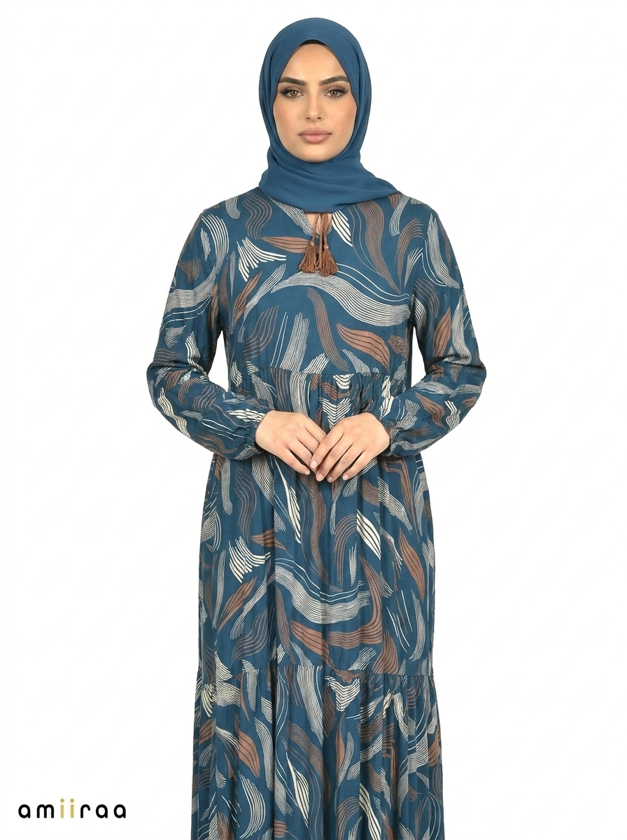 Moroccan Blue Abstract Wave Print Maxi Dress