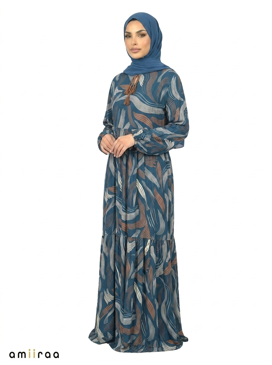 Moroccan Blue Abstract Wave Print Maxi Dress