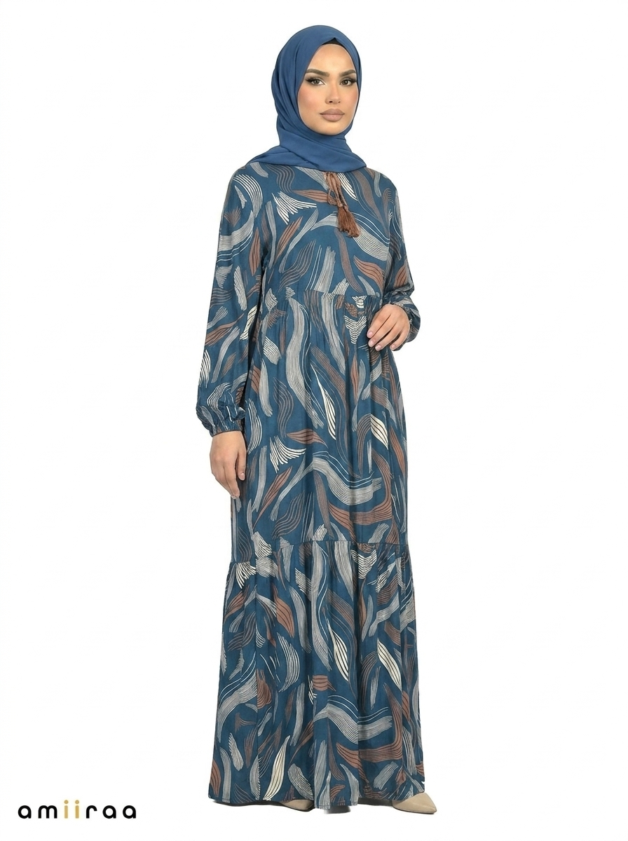 Moroccan Blue Abstract Wave Print Maxi Dress