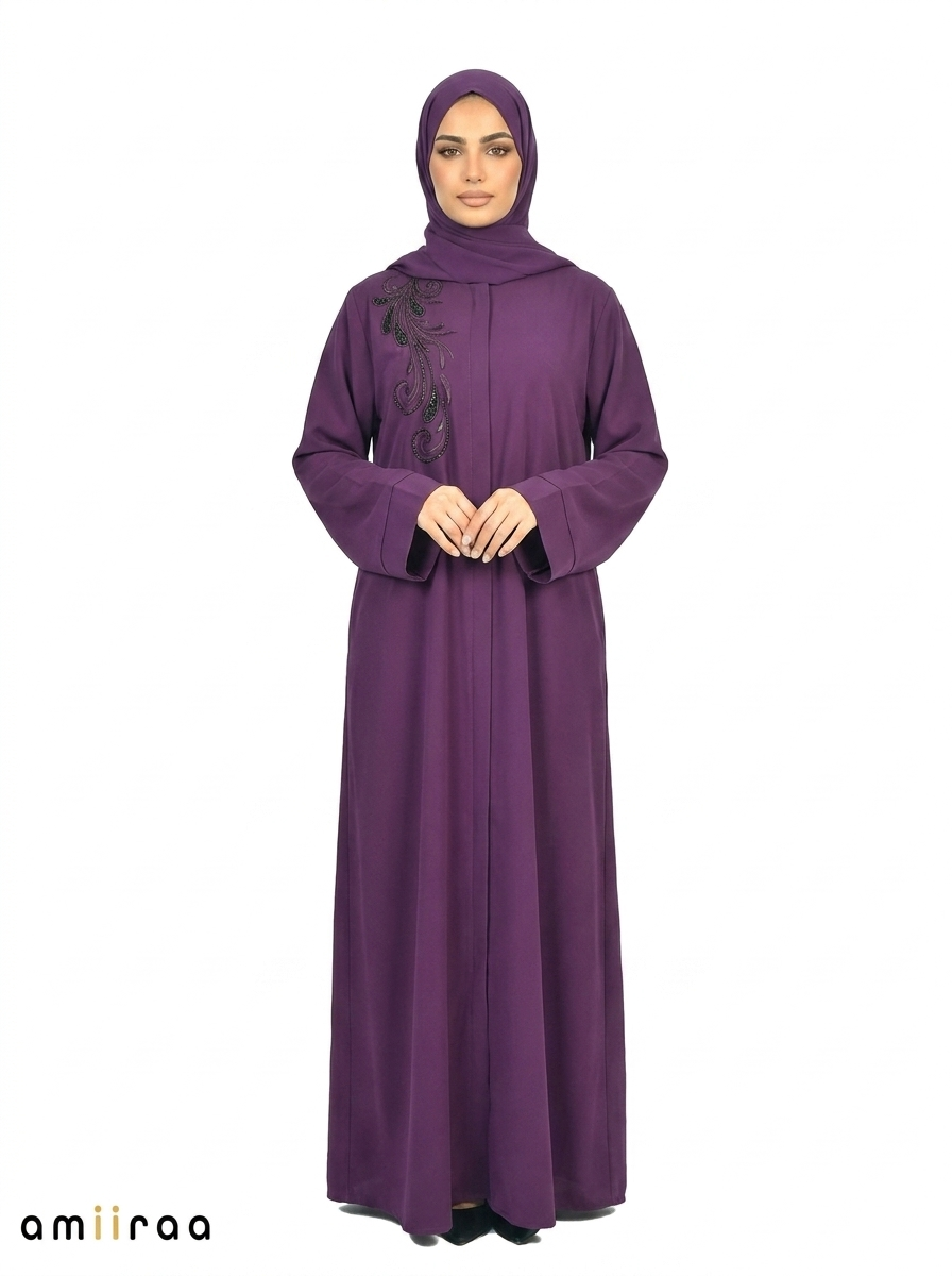 Grape Royale Hidden-Zip Abaya with Elegant Embroidered Leaf Bead Detailing