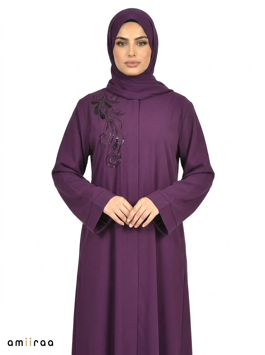 Grape Royale Hidden-Zip Abaya with Elegant Embroidered Leaf Bead Detailing
