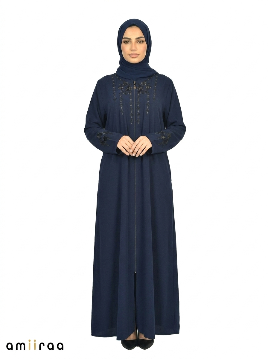 Maritime Blue Embellished Front-Zip Abaya with Floral Detailing