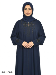 Maritime Blue Embellished Front-Zip Abaya with Floral Detailing