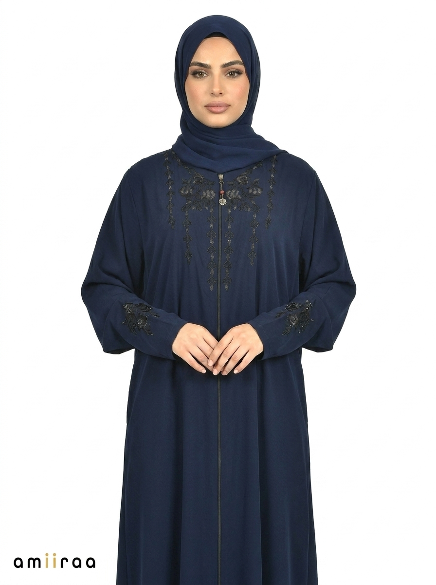 Maritime Blue Embellished Front-Zip Abaya with Floral Detailing