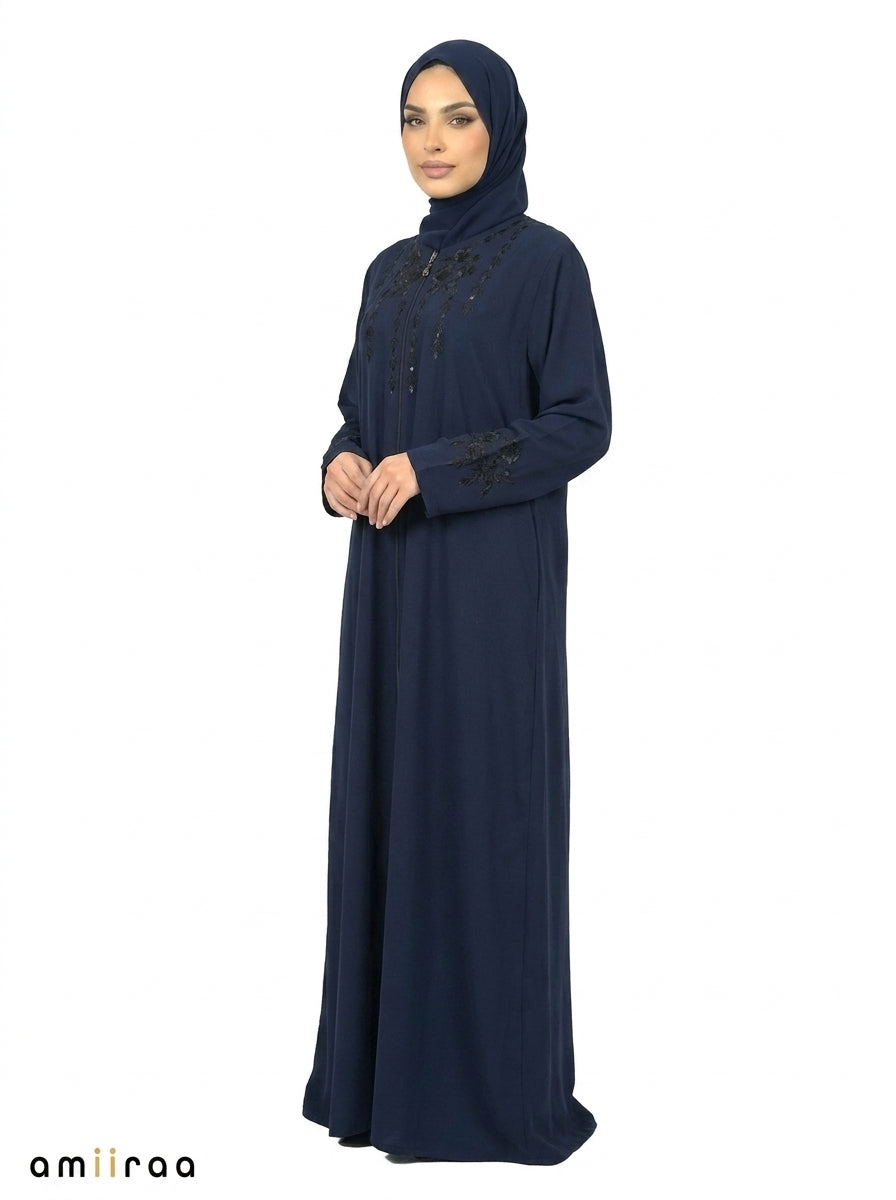 Maritime Blue Embellished Front-Zip Abaya with Floral Detailing
