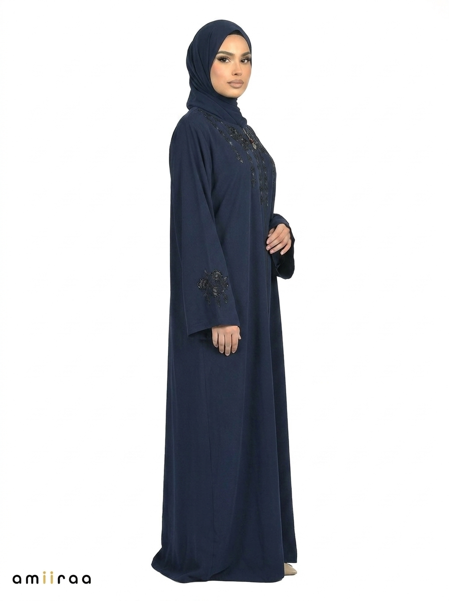 Maritime Blue Embellished Front-Zip Abaya with Floral Detailing