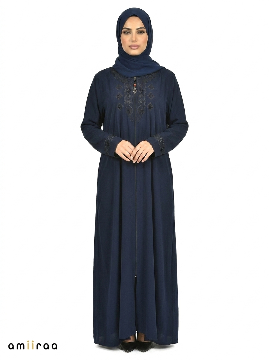 Maritime Blue Premium Front-Zip Abaya with Geometric Beading