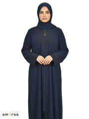 Maritime Blue Premium Front-Zip Abaya with Geometric Beading