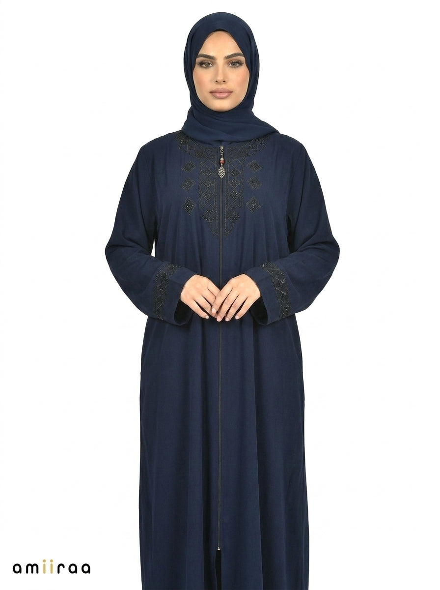 Maritime Blue Premium Front-Zip Abaya with Geometric Beading