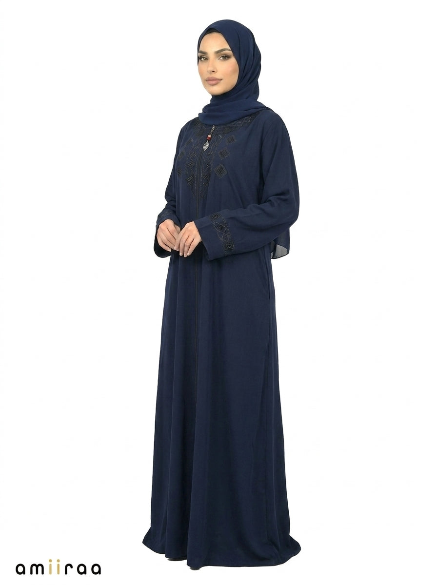 Maritime Blue Premium Front-Zip Abaya with Geometric Beading