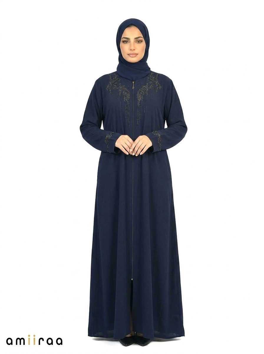 Maritime Blue Embellished Front-Zip Abaya with Beaded Sleeve Detail