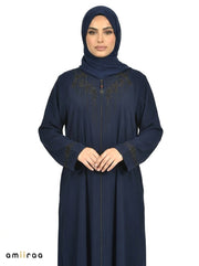 Maritime Blue Embellished Front-Zip Abaya with Beaded Sleeve Detail