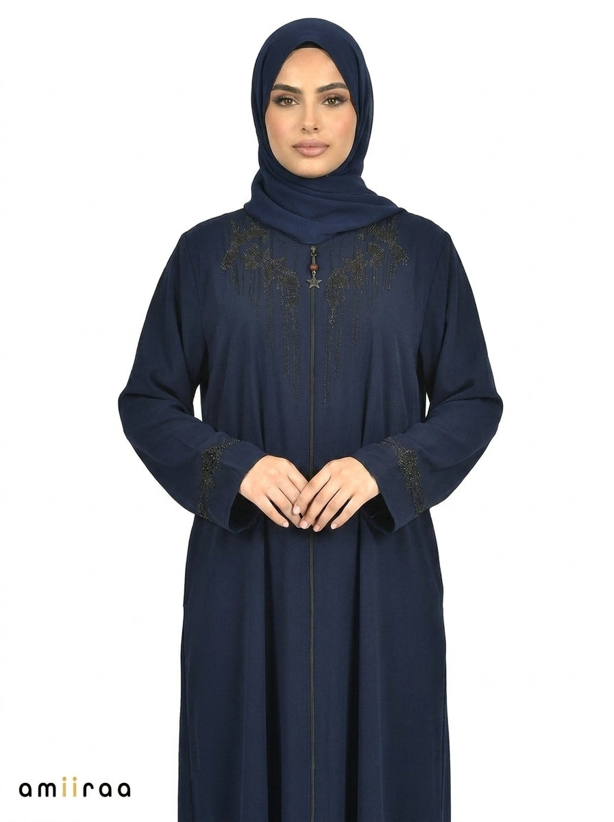 Maritime Blue Embellished Front-Zip Abaya with Beaded Sleeve Detail